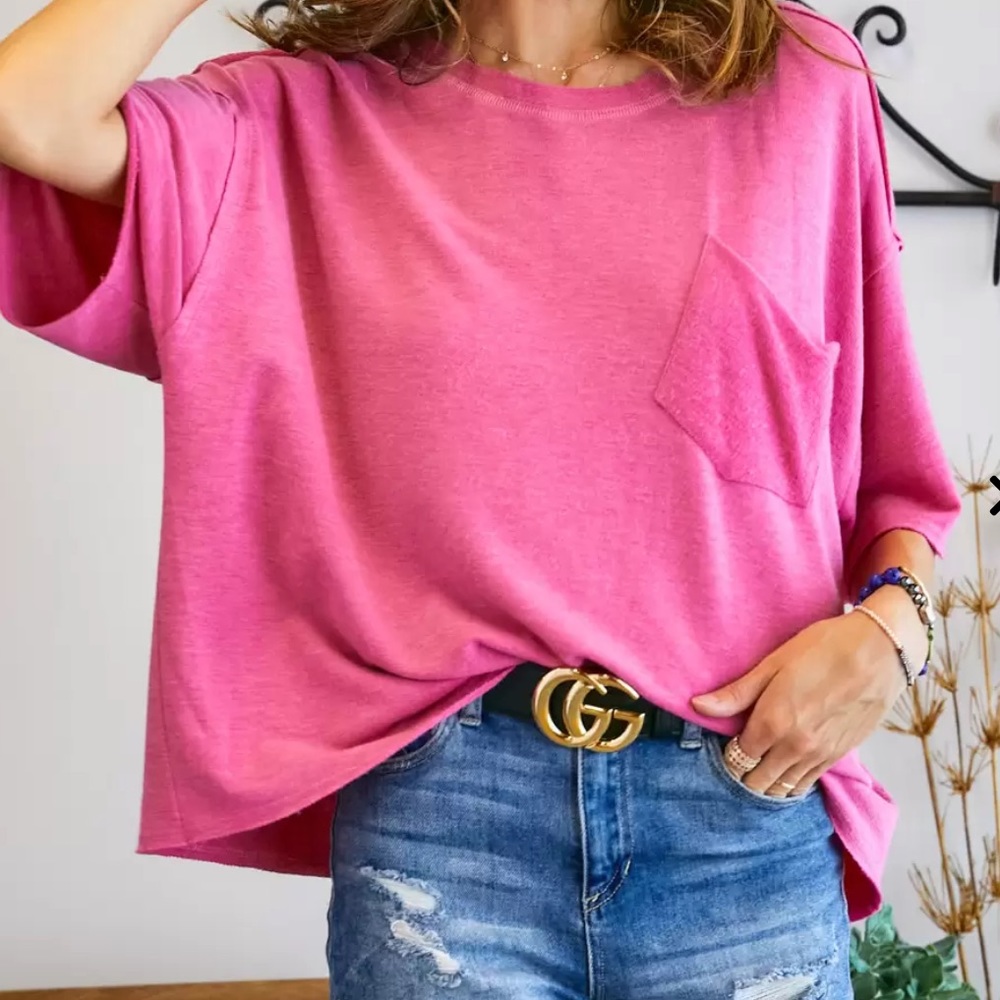Hot Pink Solid Bright Oversized Chest Patch Pocke… - image 1